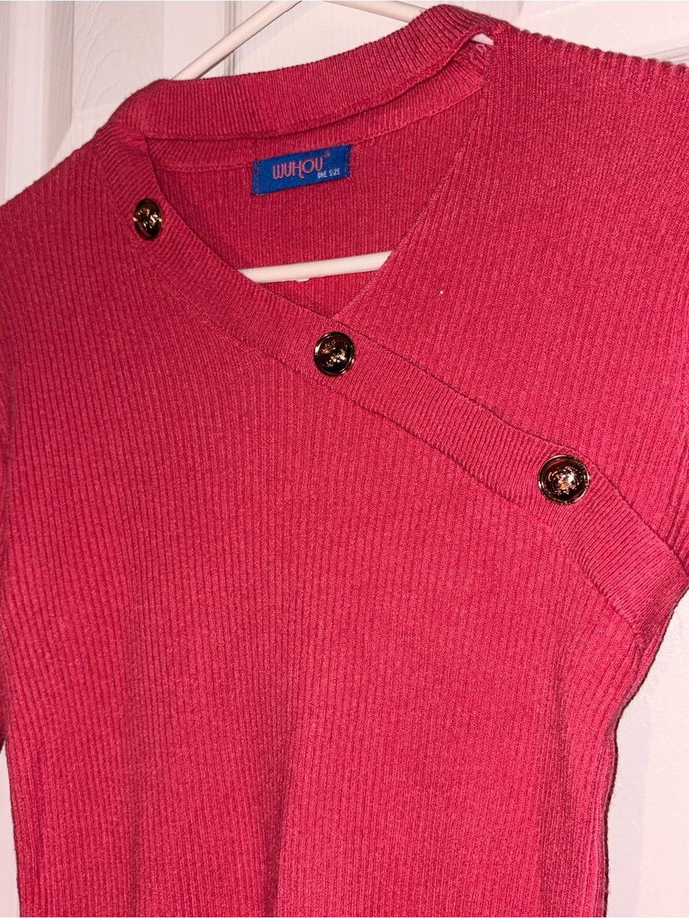 Red Ribbed Asymmetric Button Sweater - Picture 2 of 3